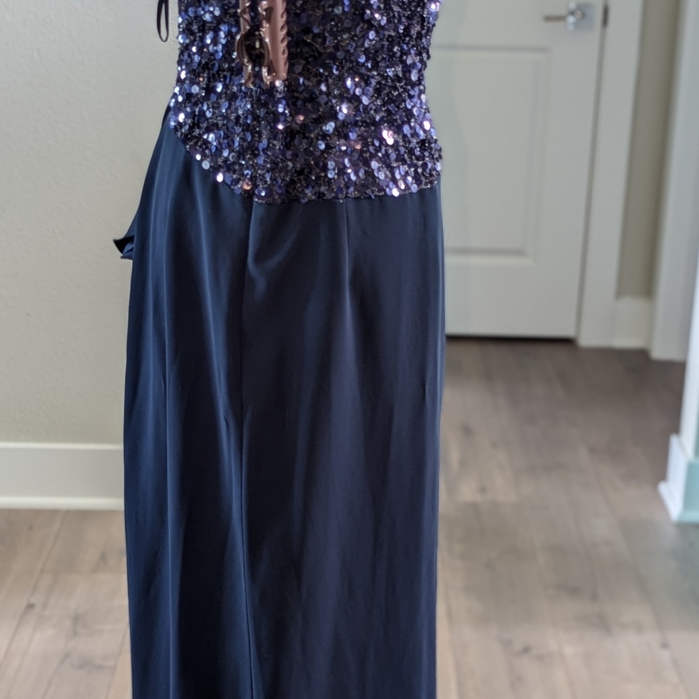 Badgley Mischka Navy Blue Strapless Sequins Ruffle Long Gown Dress Size 12 - Picture 7 of 16